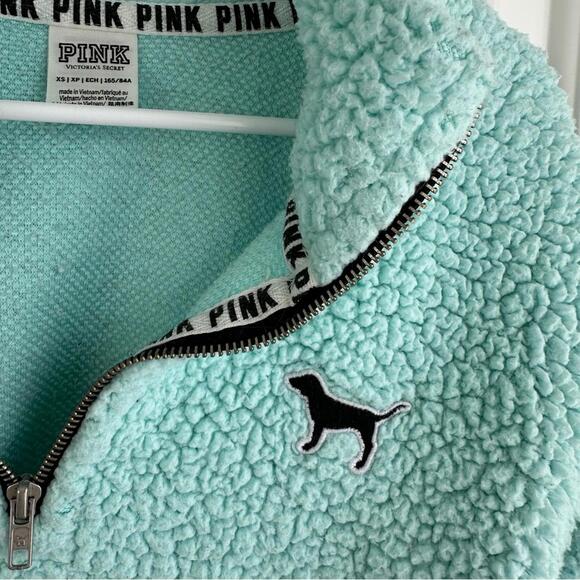 Victoria's Secret Pink Oversized Fleece Jacket Sweater Teal Blue 1/4 Zip-Up XS - Picture 3 of 9